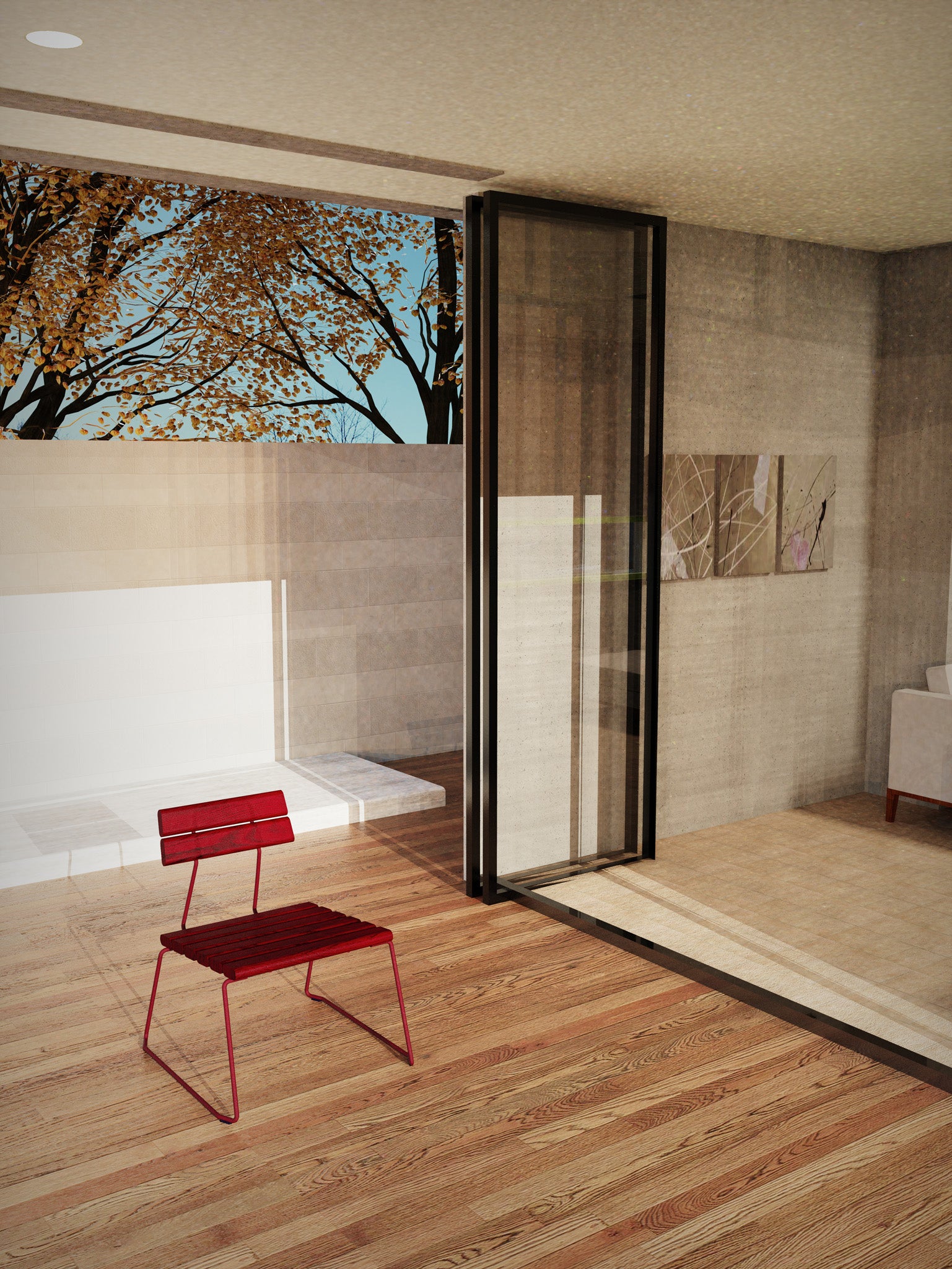 D:007 Loungechair rot Wohnzimmer Glastür Fuchs & Habicht Nachhaltiges Interieur & Exterieur sowie Raum- & Möbeldesign für Unternehmen und Privatpersonen. Handmade in Kassel, Germany. Sozial & Umweltbewusst. Awards German Design innovative Projekt Planung